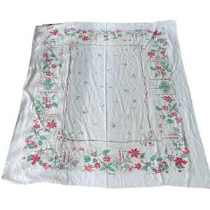 Vintage Christmas Tablecloth Poinsettia Candles Holly Mid Century 52"x60" READ